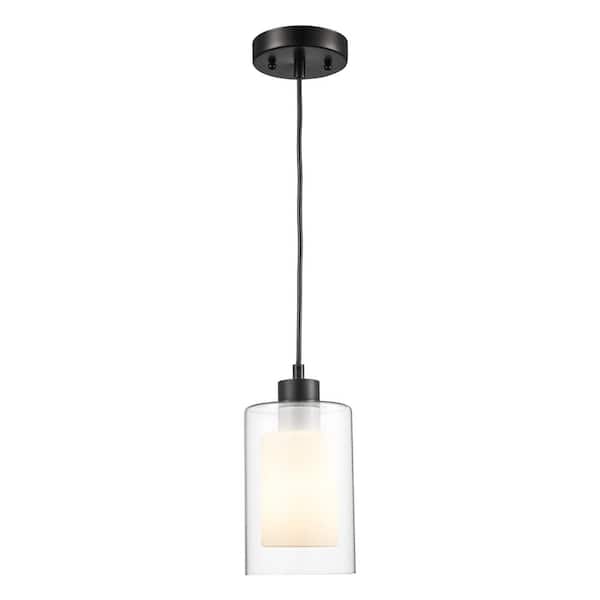 Bel Air Lighting 1-Light Black Mini Pendant Light Fixture with Frosted Inner and Clear Glass Outer Shade