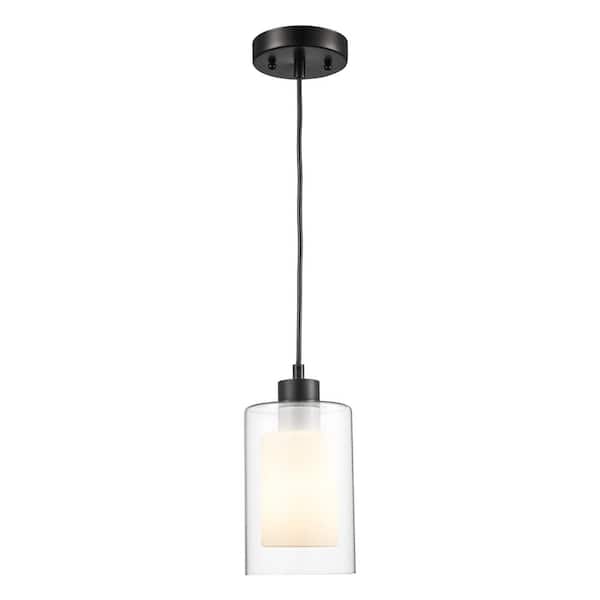 1-Light Black Mini Pendant Light Fixture with Frosted Inner and Clear Glass Outer Shade