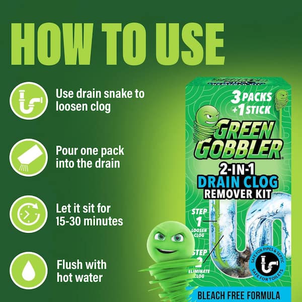 Green Gobbler Drain and Toilet Clog Opening Packs with Tool Drain