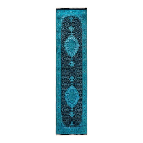 Overdyed Blue 2 ft. x 10 ft. Solid Wool Indoor Runner Rug