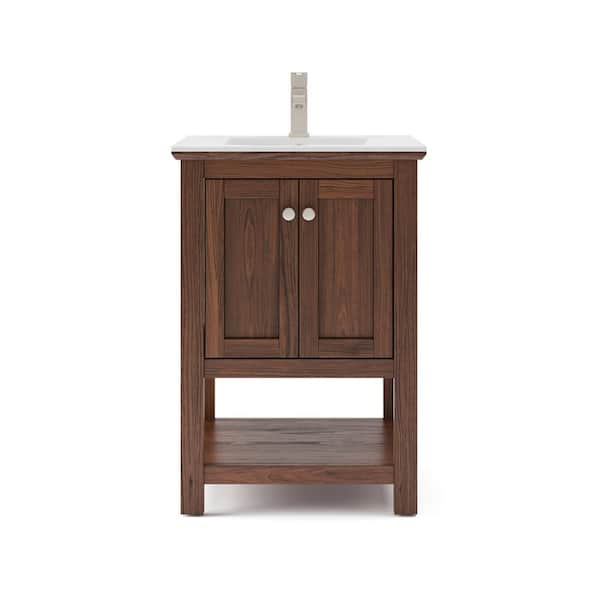 Bradford 24 in. W Single Sink Traditional Bathroom Vanity in Warm Walnut with White Ceramic Top and White Basin