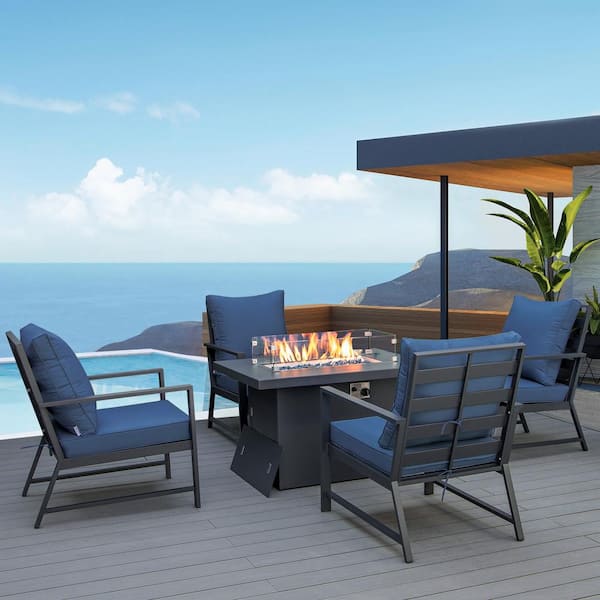 FINCATI Luxury 5-Piece Black Aluminum Patio Fire Pit Deep Seating Coversation Sofa Set with Blue Cushions