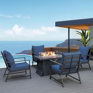 Luxury 5-Piece Black Aluminum Patio Fire Pit Deep Seating Coversation Sofa Set with Blue Cushions