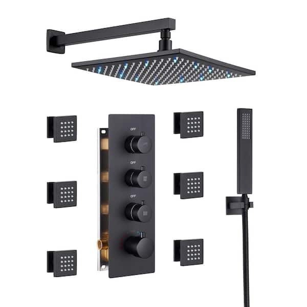 Unbranded Luxury LED Thermostatic 3-Spray Patterns 12 in. Wall Mount Rain Dual Shower Heads with 6-Jet in Matte Black