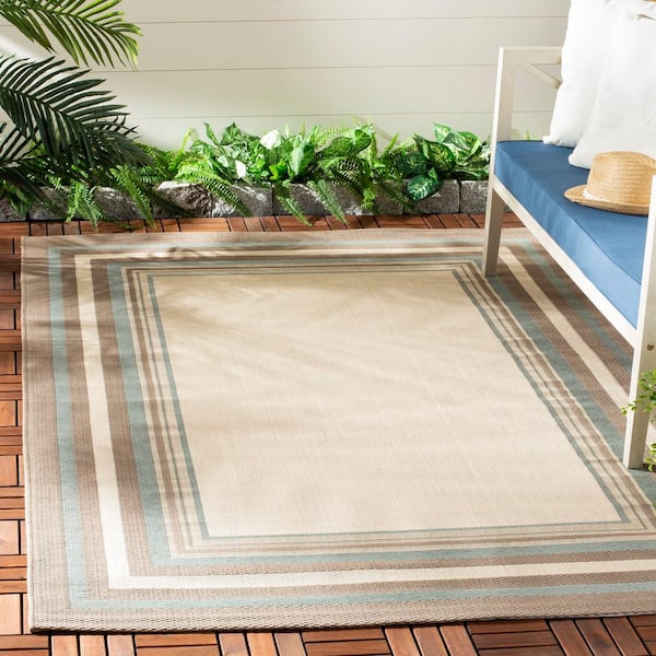 Courtyard Beige/Blue 5 ft. x 8 ft. Border Indoor/Outdoor Patio  Area Rug