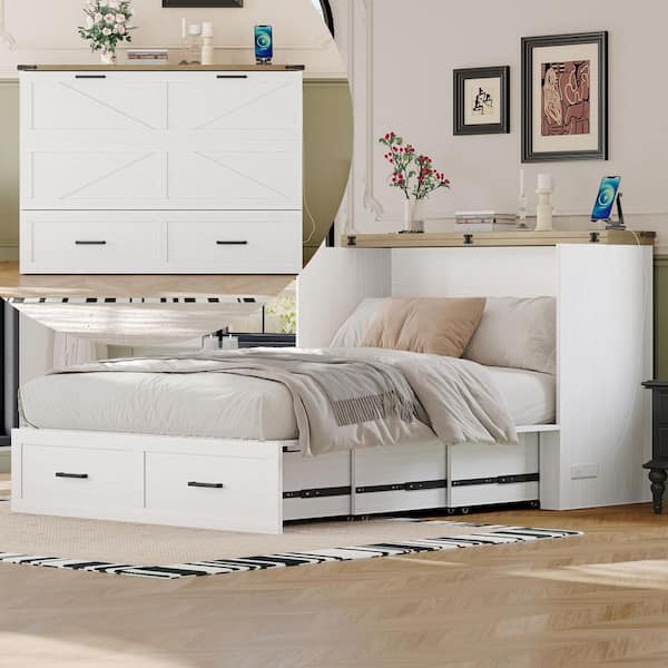 Harper & Bright Designs White Wood Frame Full Farmhouse Murphy Bed with Charging Station, Foldable Cabinet Bed with Large Storage Drawer