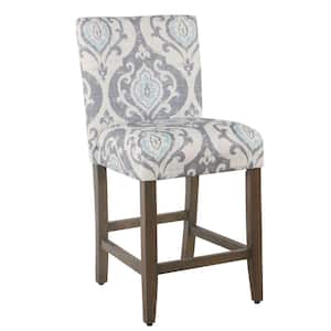 34.5 in. Gray and Blue Low Back Wooden Frame Counter Stool with Fabric Seat