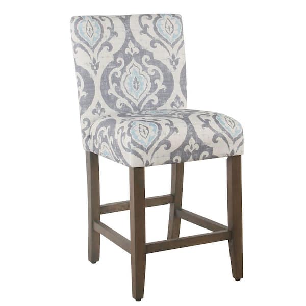 Benjara 34.5 in. Gray and Blue Low Back Wooden Frame Counter Stool with Fabric Seat