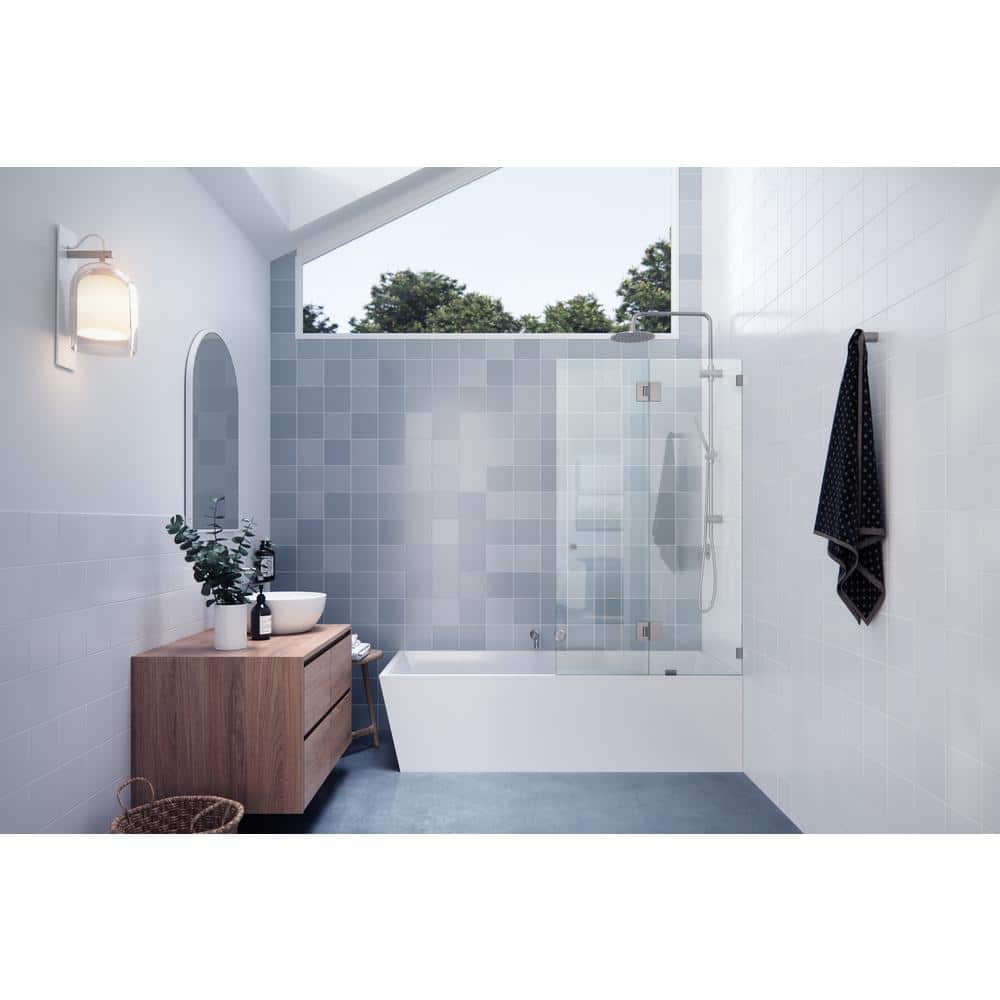 34" Brushed Nickel Frameless Clear Glass Hinged Bathtub Door