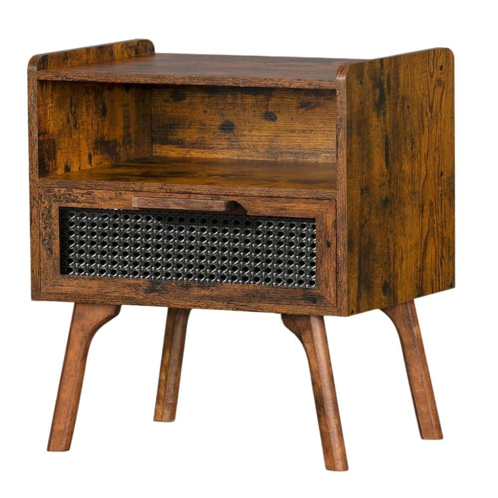 "11.81""D x 15.94""W x 22.87""H Brown Rattan Nightstand, Boho Side Table with Drawer Open Shelf, Large Storage Space" price history on PriceWatchPro
