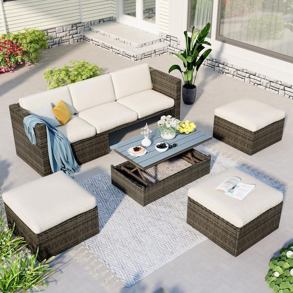 FIROMO Wicker Rattan 6-Seat 5-Piece Outdoor Patio Conversation Set with Adjustable Backrest, beige Cushions and Lift Top Table
