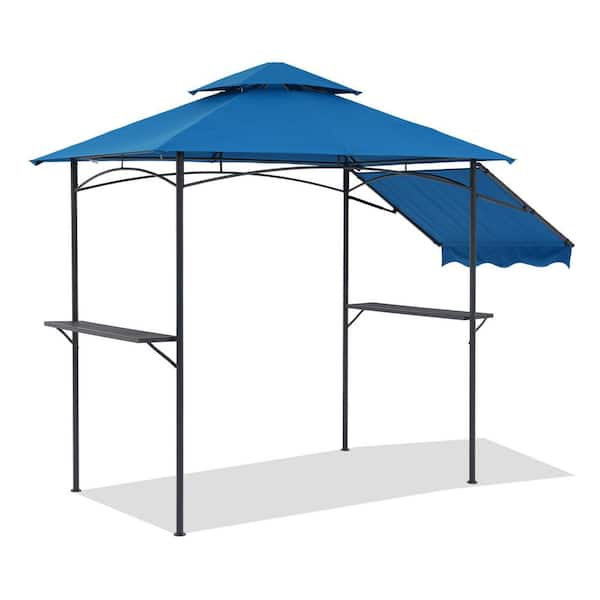 Grill Gazebo 8 ft. x 5 ft. Outdoor Patio Backyard BBQ Grill Shelter with Side Awning, Double Tiered, Blue