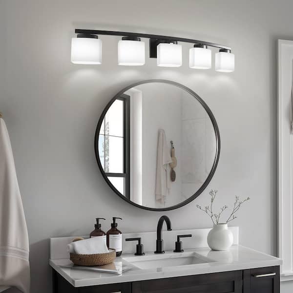 41 in. 5-Light Matte Black Vanity Light for Bathroom with Curved Arms and Milk White Shades