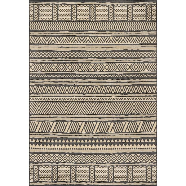 nuLOOM Abbey Tribal Striped Charcoal 4 ft. x 6 ft. Indoor/Outdoor Patio Area Rug