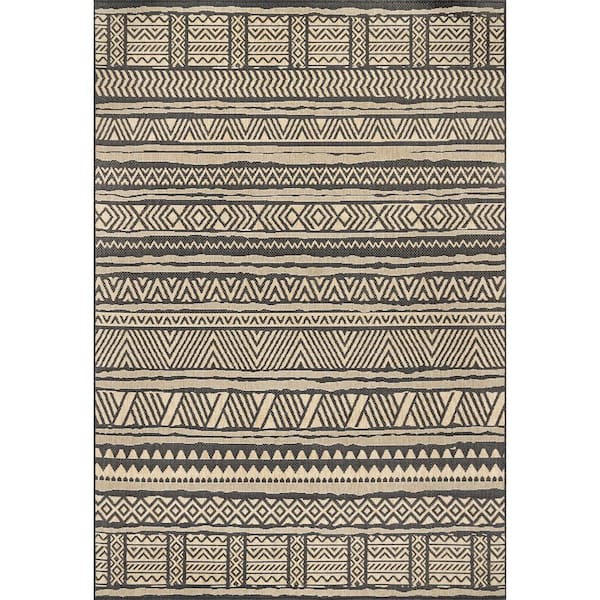 nuLOOM Abbey Tribal Striped Charcoal 5 ft. x 8 ft. Indoor/Outdoor Patio Area Rug
