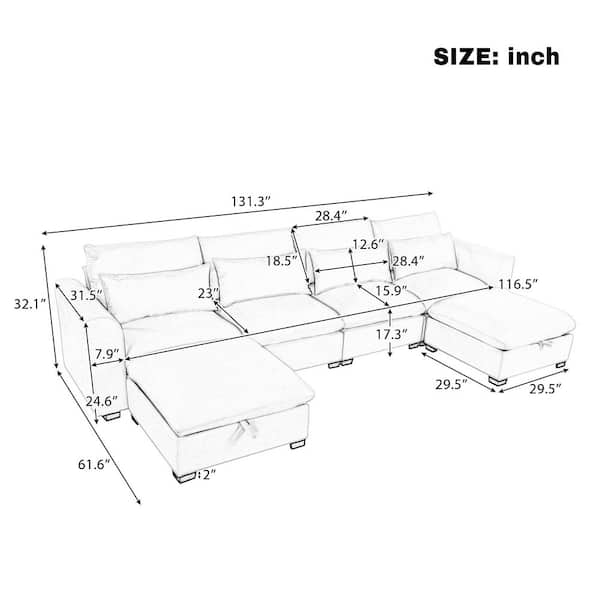 131.9 in. Linen Blend U-Shaped Sectional Sofa in Beige with 2-Movable Storage Ottomans