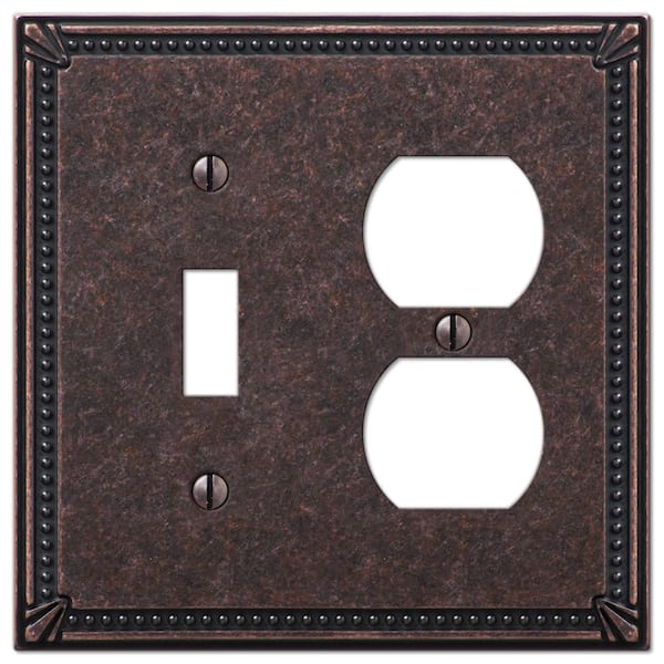 AMERELLE Imperial Bead 2 Gang 1-Toggle and 1-Duplex Metal Wall Plate - Tumbled Aged Bronze