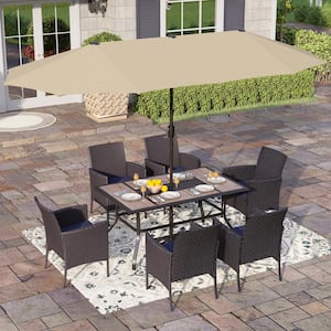Black 8-Piece Metal Patio Outdoor Dining Set with Rectangle Table, Umbrella and Rattan Chairs with Blue Cushion