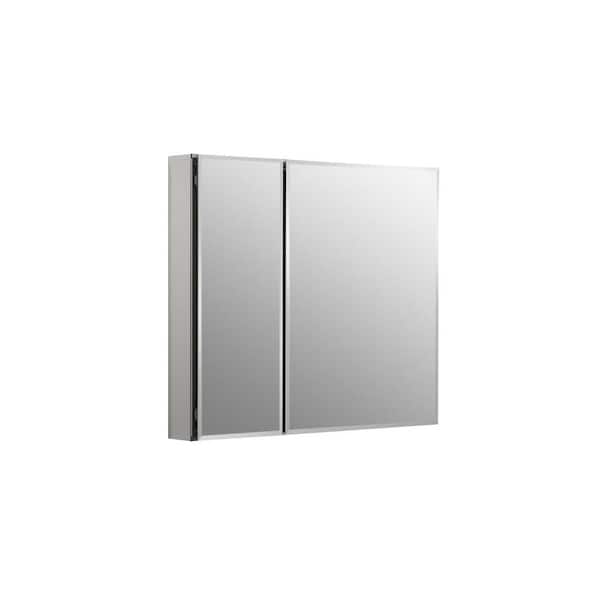 Photo 1 of 30 in. W x 26 in. H Two-Door Recessed or Surface Mount Medicine Cabinet in Silver Aluminum, RIGHT SIDE HINGES BROKEN OFF, GLASS INTACT 