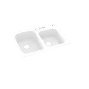 Dual-Mount Solid Surface 33 in. x 22 in. 4-Hole 55/45 Double Bowl Kitchen Sink in White