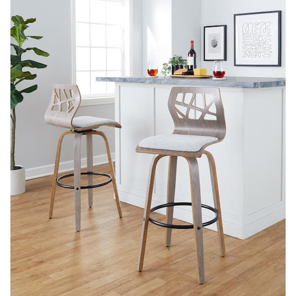 Lumisource Folia 28.75 in. Light Grey Fabric, Light Grey Wood and Black Metal Fixed-Height Bar Stool (Set of 2)