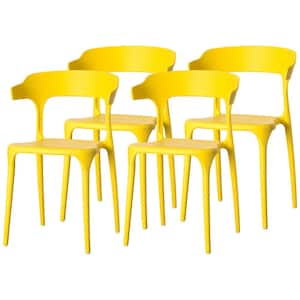 Modern Plastic Outdoor Dining Chair with Open U Shaped Back in Yellow (Set of 4)