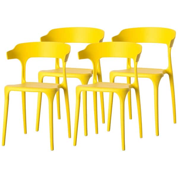 FABULAXE Modern Plastic Outdoor Dining Chair with Open U Shaped Back in Yellow (Set of 4)