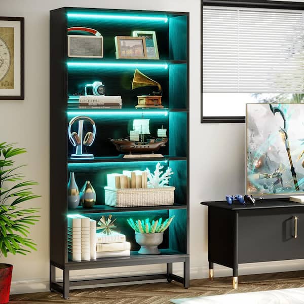 71 in. Tall Black 5-Shelves Standard Wooden Bookcases with Open Storage and LED Strips