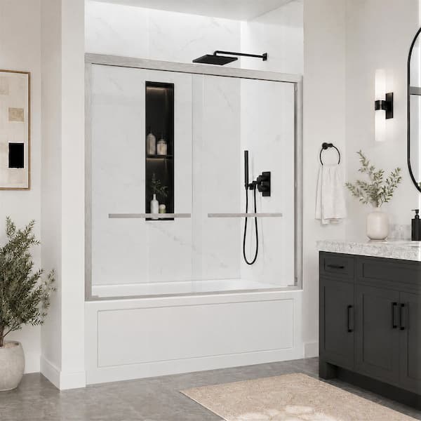 56-60 in. W x 60 in. H Double Sliding Semi Frameless Tub Shower Door in Brushed Nickel with 5/16 in.Clear Tempered Glass
