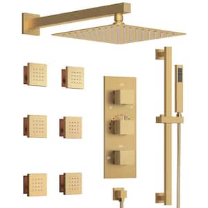 Thermostatic Valve 5-Spray Wall Mount 12 in. Fixed and Handheld Shower Head 2.5 GPM in Brushed Gold