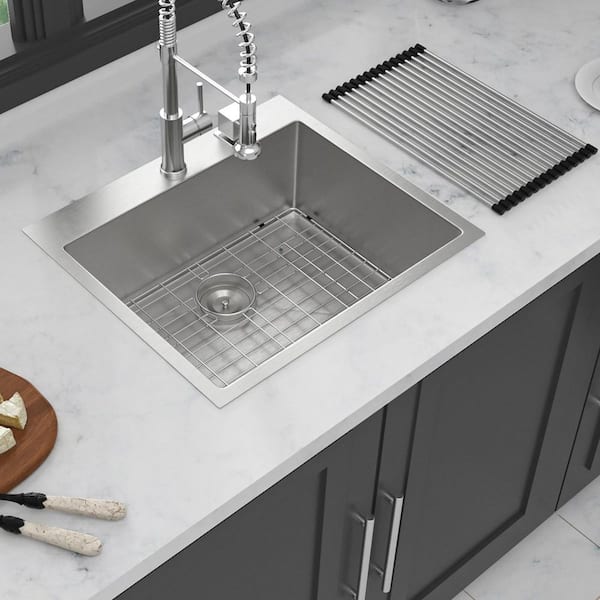 Timussi 28 in. Drop-in Single Bowl 16 Gauge Brushed Nickel Stainless Steel Kitchen Sink with Bottom Grids