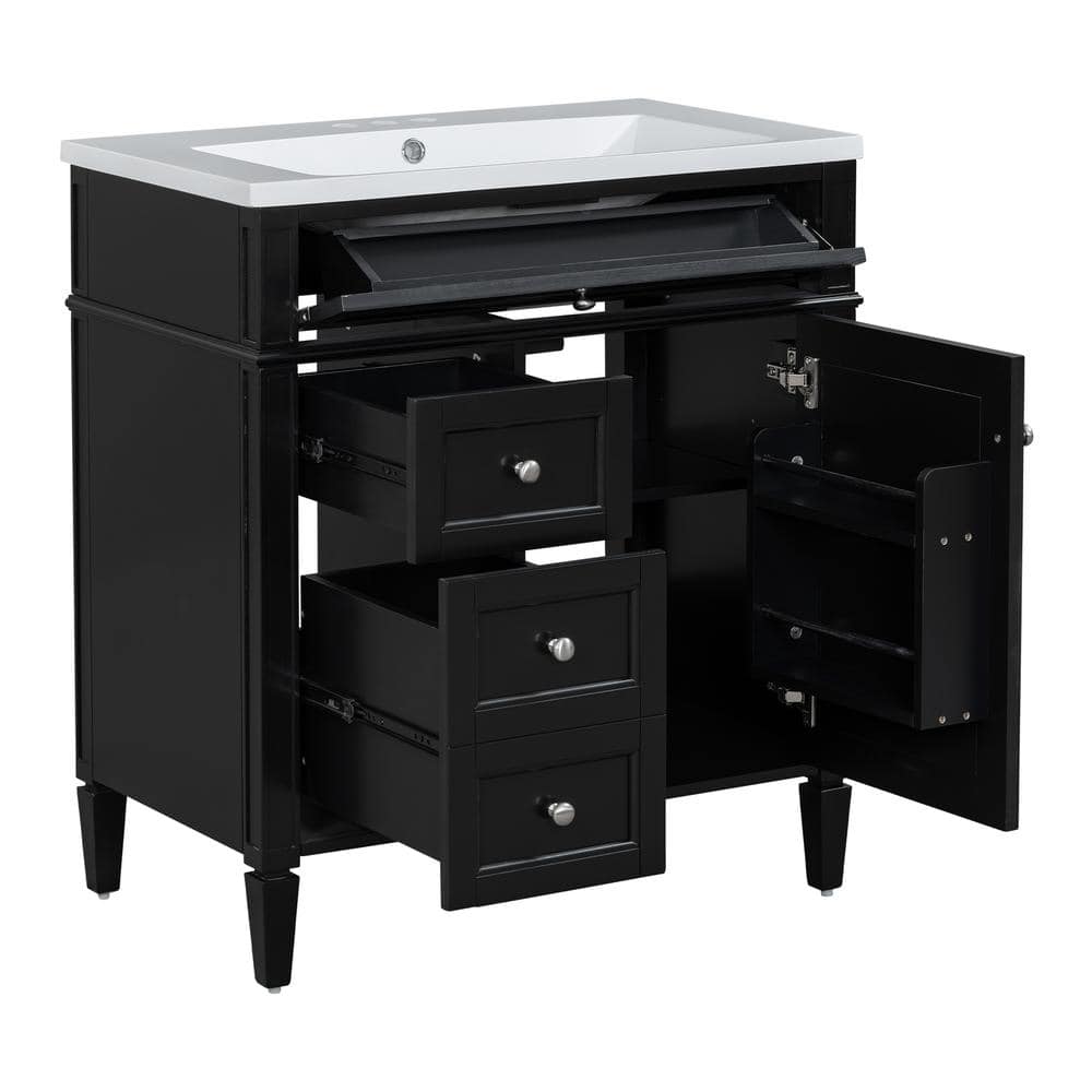 30 in. Single Sink Freestanding Black Bath Vanity with White Ceramic Top Un