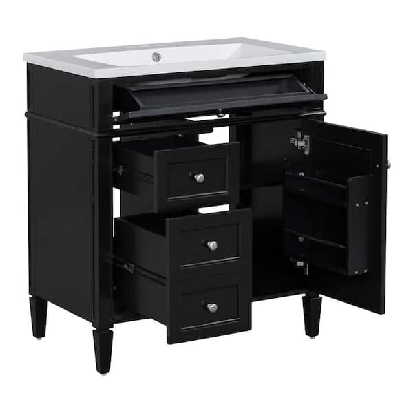 30 in. Single Sink Freestanding Black Bath Vanity with White Ceramic Top Unassembled, 2 Drawers & 1 Tip-out Drawer