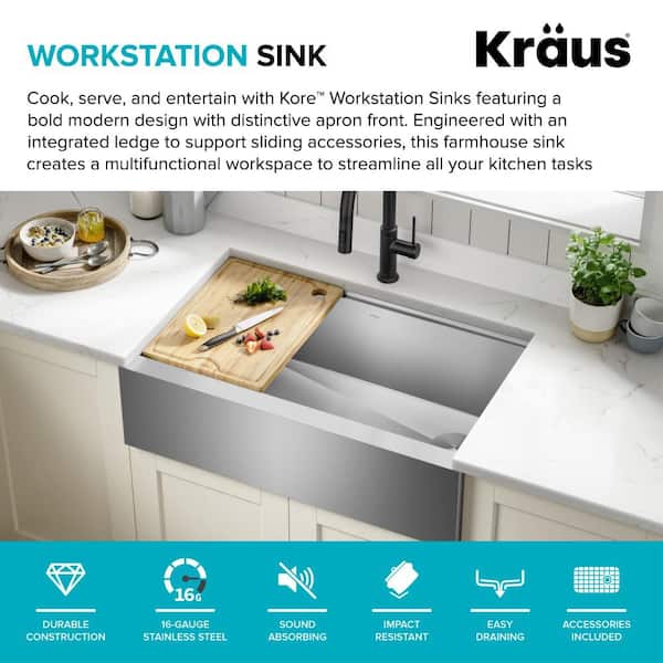 Kore Workstation Farmhouse Stainless Steel 33 in. 16-Gauge Undermount Single Bowl Kitchen Sink with Accessories Kore Workstation Farmhouse Stainless Steel 33 in. 16-Gauge Undermount Single Bowl Kitchen Sink with Accessories