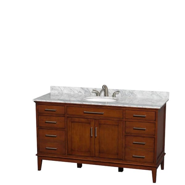 Wyndham Collection Hatton 60 in. Vanity in Light Chestnut with Marble Vanity Top in Carrara White and Oval Sink