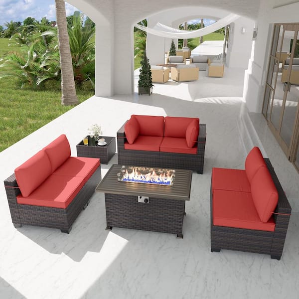 Halmuz 8-Piece Wicker Patio Conversation Set with 55000 BTU Gas Fire Pit Table and Glass Coffee Table and Red Cushions