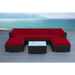 Ohana Black 7-Piece Wicker Patio Seating Set with Supercrylic Red Cushions