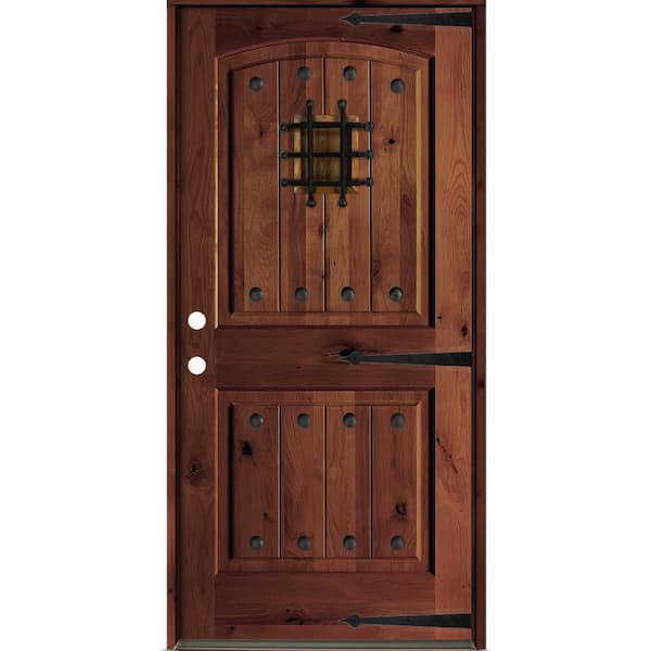 Mediterranean 36 in.x 80 in. Knotty Alder Right-Hand/Inswing Arch Top BEHR Red Mahogany Stain Wood Prehung Front Door