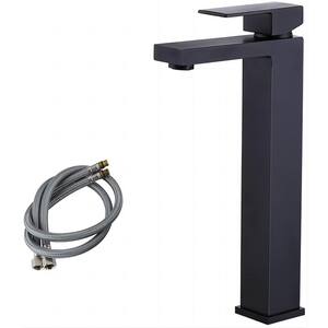 Single Handle Vessel Sink Faucet with Pop Up Drain Stopper and Water Supply Hoses in Matte Black