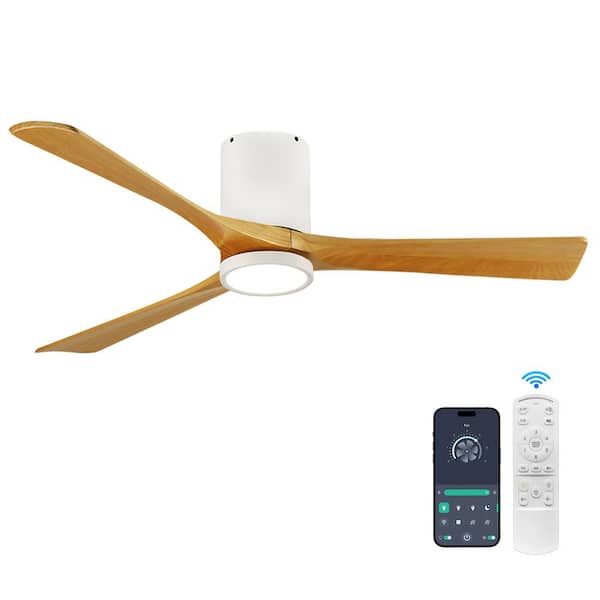 42 in. Smart White 6-Speed Solid Wood Brown Blade Flush Mount Ceiling Fan with 3-Color LED Light and APP, Remote Control