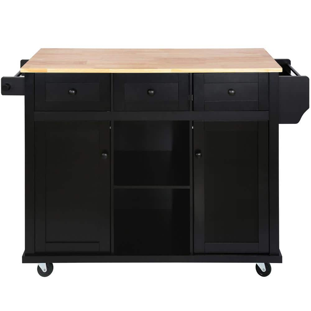 Harper & Bright Designs Black Kitchen Cart with Rubber Wood Drop-Leaf Tabletop, Cabinet Door Internal Storage Racks, 5-Wheels and 3-Drawers