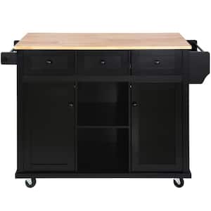 Black Kitchen Cart with Rubber Wood Drop-Leaf Tabletop, Cabinet Door Internal Storage Racks, 5-Wheels and 3-Drawers