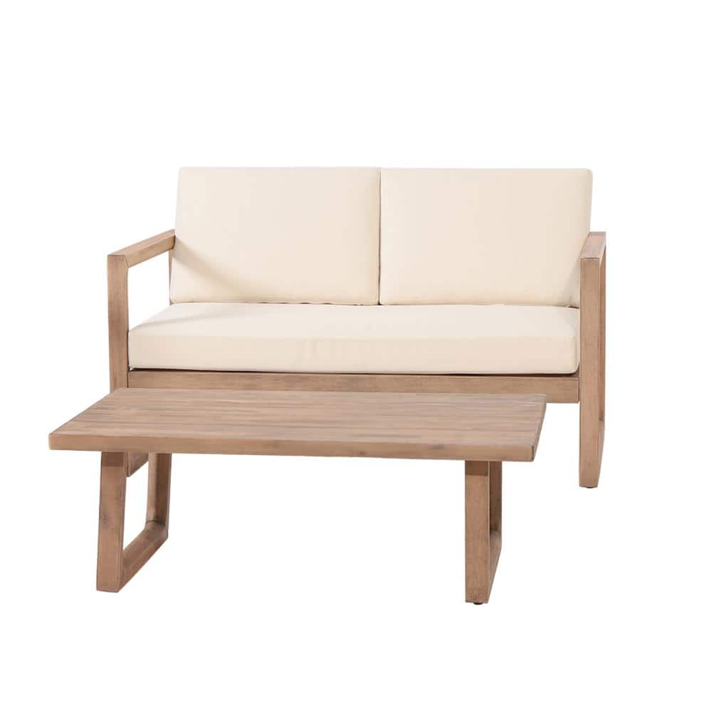 Outdoor Acacia Wood Loveseat and Coffee Table Set with Beige Cushions, Brown Wash, Beige price history on PriceWatchPro