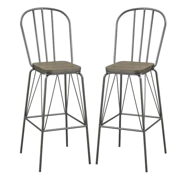Furniture of America Raynham 44 in. Gray High Back Steel Frame Bar Stool with Wood Seat (Set of 2)