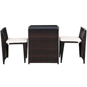 3-Pieces Wicker Patio Outdoor Chair and Table Set with Beige Cushions