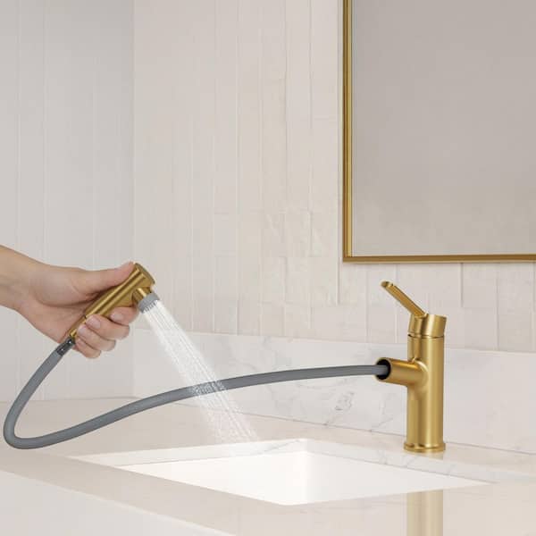 1-Handle Pull-Out Single Hole Bathroom Faucet with 2-Water Flow Modes in Brushed Gold with Pop-Up Drain (2-Pack)