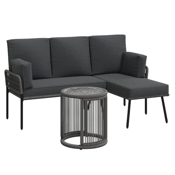 Zeus & Ruta 2-Piece L-Shaped Wicker Patio Conversation Set with Dawn Gray Cushions for Indoor, Balcony, Outdoor Garden, Poolside