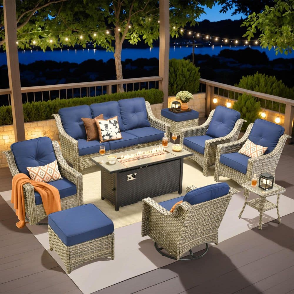 Tulip R 9-Piece Wicker Patio 54 in. Fire Pit Conversation Set with Swivel Rocking Chairs and Navy Blue Cushions price history on PriceWatchPro