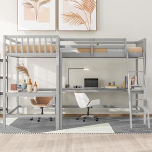 Wood Twin Size L-Shaped Loft Bed with Ladder and 2 Built-in L-Shaped Desks, Gray