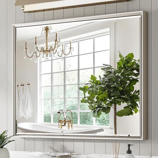 QueenFun 40 in. W x 30 in. H Framed Rectangular Beveled Edge Bathroom Vanity Wall Mount Mirror in Brushed Nickel